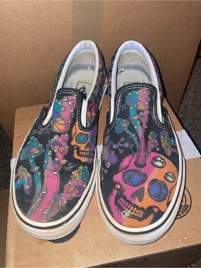 Vans Black Canvas Slip-Ons with Neon Skull Print